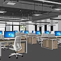 Spacious Modern Office Interior With Workstations Computers Ergonomic Chairs And Large Windows 3d model