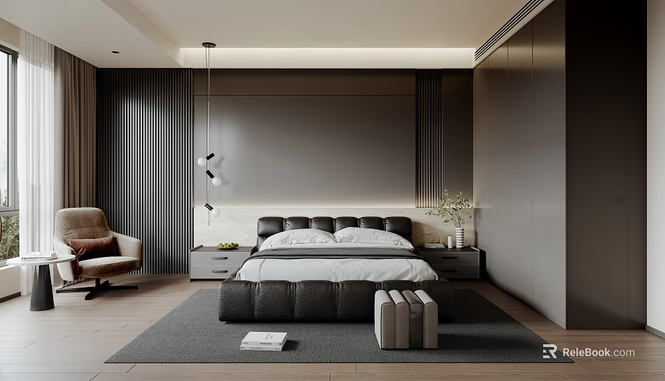 Modern Bedroom Interior Design With Black Bed White Bedding Vertical Striped Walls And Accent Chair 3d model 