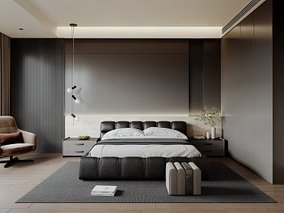 Modern Bedroom Interior Design With Black Bed White Bedding Vertical Striped Walls And Accent Chair 3d model