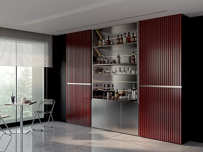 Modern Wine Cabinet with Red Panels Glass Doors and Wine Bottles in Elegant Interior 3d model