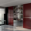 Modern Wine Cabinet with Red Panels Glass Doors and Wine Bottles in Elegant Interior