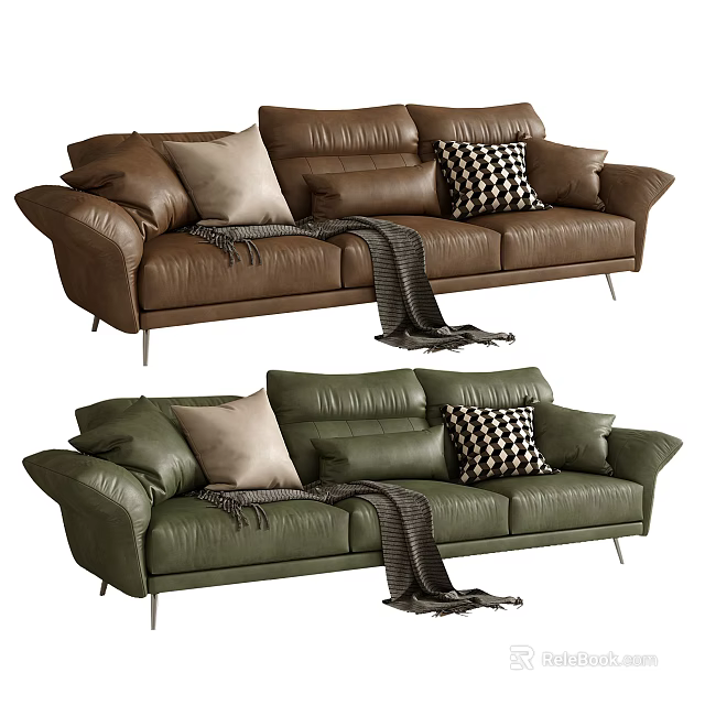 Modern Leather Three Seater Sofa with Pillows Throw Blanket and Metal Legs in Brown Green 3d model 