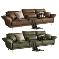 Modern Leather Three Seater Sofa with Pillows Throw Blanket and Metal Legs in Brown Green