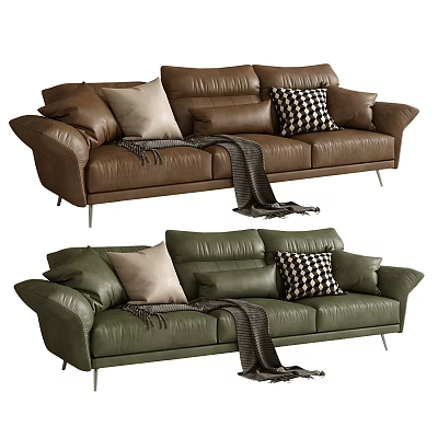 Modern Leather Three Seater Sofa with Pillows Throw Blanket and Metal Legs in Brown Green 3d model