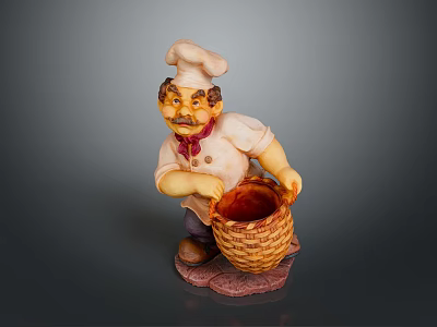 Decorative Chef Figurine Statue With White Uniform Red Bow Tie And Basket 3d model