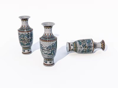 Ceramic Vases with Traditional Colorful Patterns in Standing and Lying Positions 3d model