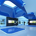 Modern Exhibition Hall Interior Featuring Blue Architectural Structures And Digital Screens 3d model