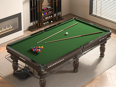 Modern Indoor Billiard Entertainment Table With Green Felt Balls And Cues 3d model