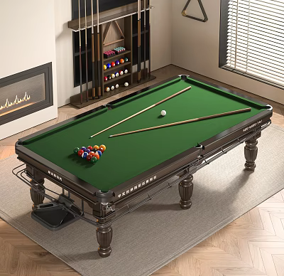Modern Indoor Billiard Entertainment Table With Green Felt Balls And Cues 3d model