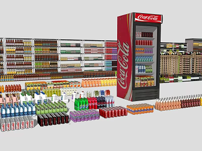 Retail Display Shelves Stocked With Assorted Bottled Beverages And Coca-Cola Cooler 3d model
