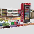 Retail Display Shelves Stocked With Assorted Bottled Beverages And Coca-Cola Cooler