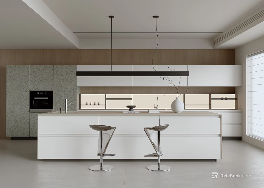 Modern Kitchen Interior With White Island Counter Bar Stools Pendant Lights And Wooden Grey Cabinets 3d model 