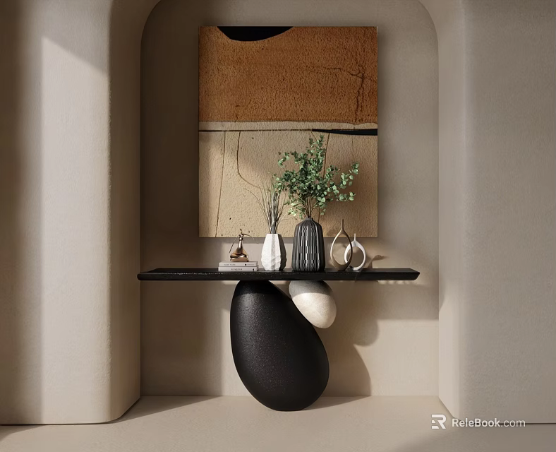 Modern Minimalist Console Table With Beige Wall Artwork Green Plant And Black White Vases 3d model 