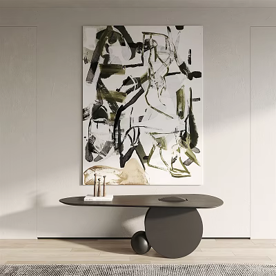 Abstract Painting With Geometric Shapes Brushstrokes Hanging On Light Wall Above Black Round Table 3d model