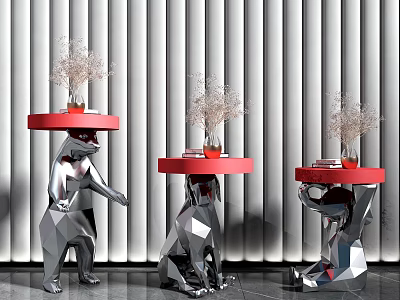 Geometric Bear Shaped Side Table with Silver Base Red Round Top and Dried Flower Decor 3d model