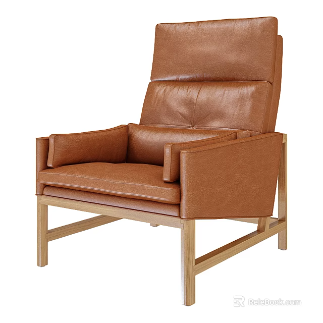 Brown Leather Single Sofa With Wooden Frame And High Back Modern Design 3d model