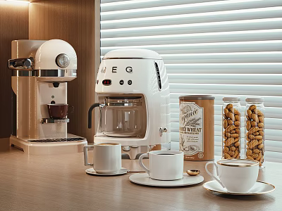 Modern Kitchen Appliances Coffee Makers on Countertop with Coffee Cups and Nut Storage Jars 3d model
