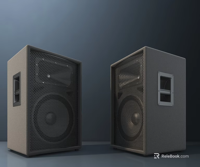 Black Stereo Speakers With Mesh Grilles Circular Woofers And Side Panels On Dark Background 3d model 