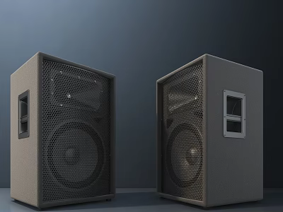 Black Stereo Speakers With Mesh Grilles Circular Woofers And Side Panels On Dark Background 3d model
