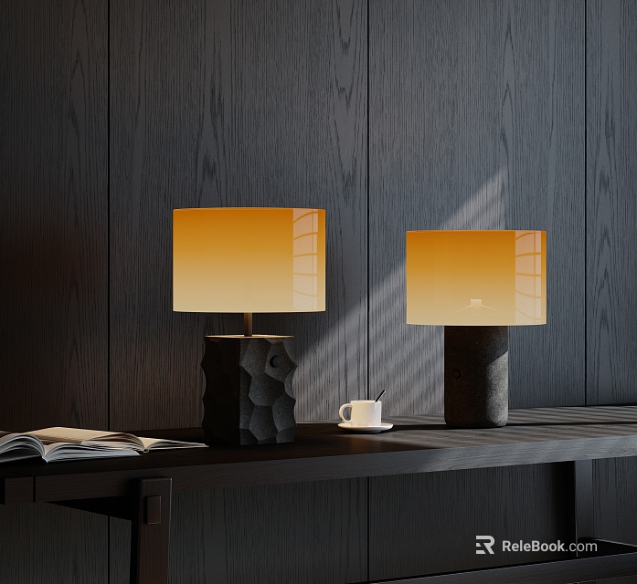 Modern Two Table Lamps On Desk With Open Book White Cup Dark Wooden Wall 3d model 