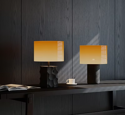 Modern Two Table Lamps On Desk With Open Book White Cup Dark Wooden Wall 3d model