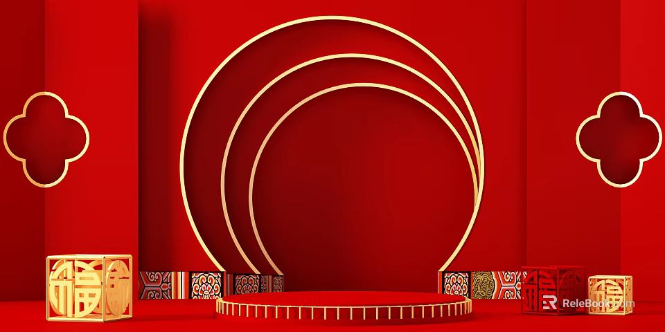 Elegant Classic Red Background With Golden Circular Rings And Decorative Display Platform 3d model