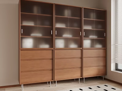 Modern Wooden Bookcase With Glass Doors And Drawers In Interior Design 3d model