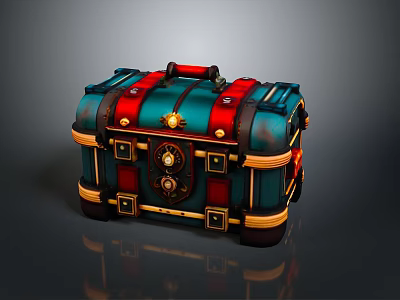 Vintage Decorative Storage Chest With Blue Red Finish And Gold Metal Accents 3d model
