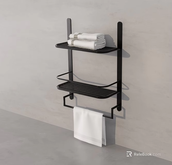 Modern Bathroom Towel Setup with Black Wall Rack Folded and Hanging Towels on Gray Wall 3d model 