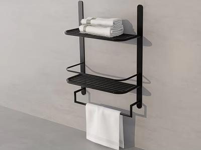 Modern Bathroom Towel Setup with Black Wall Rack Folded and Hanging Towels on Gray Wall 3d model