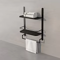 Modern Bathroom Towel Setup with Black Wall Rack Folded and Hanging Towels on Gray Wall