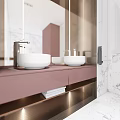 Modern Bathroom Vanity With Double White Washbasins Pink Countertop Marble Walls And Large Mirror
