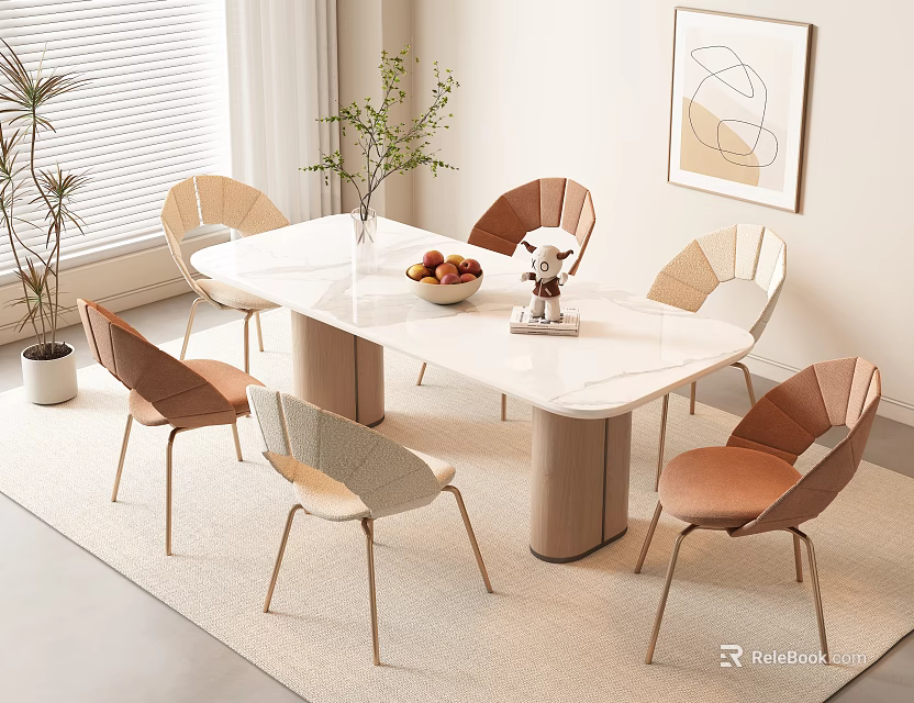 Elegant Modern Dining Table Set With White Marble Top Six Chairs Golden Legs Green Plants 3d model 
