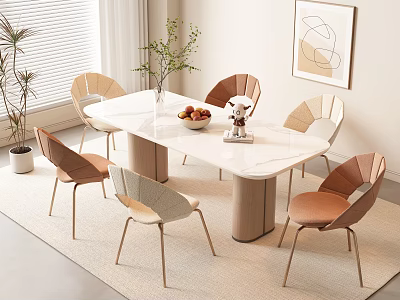 Elegant Modern Dining Table Set With White Marble Top Six Chairs Golden Legs Green Plants 3d model