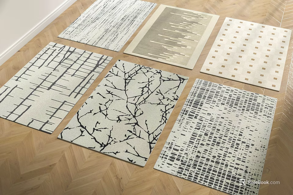 Stylish Square Rugs With Various Patterns Displayed On Herringbone Wooden Floor 3d model