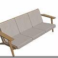Modern Three Seat Sofa With Wooden Armrests Light Gray Cushions And Marble Floor