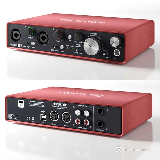 Red Focusrite Scarlett USB Audio Interface With Headphone Output And Microphone Input 3d model 