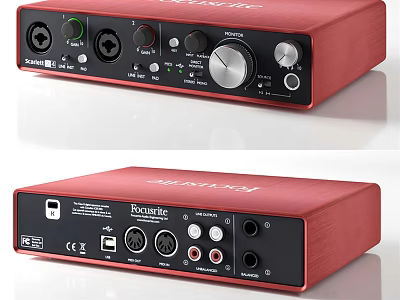 Red Focusrite Scarlett USB Audio Interface With Headphone Output And Microphone Input 3d model