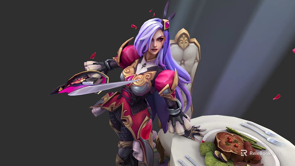 Game Character With Purple Long Hair Red Gold Armor Holding Knife And Food Plate 3d model 