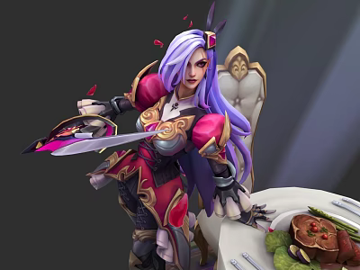 Game Character With Purple Long Hair Red Gold Armor Holding Knife And Food Plate 3d model