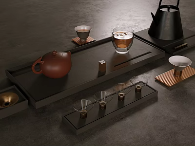 Elegant Modern Tea Set With Teapot Teacups And Wooden Tea Tray 3d model