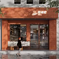 Red Brick Storefront Facade with Glass Door Bench and Wooden Barrels