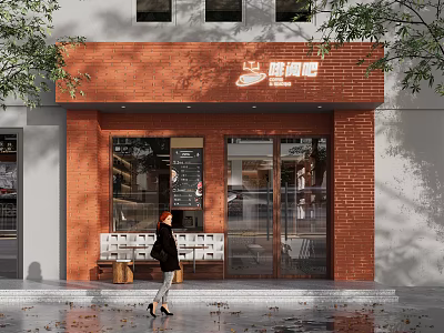 Red Brick Storefront Facade with Glass Door Bench and Wooden Barrels 3d model