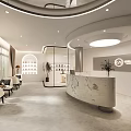 Modern Elegant Front Desk Reception With Marble Countertop Glass Partition And Round Ceiling Light