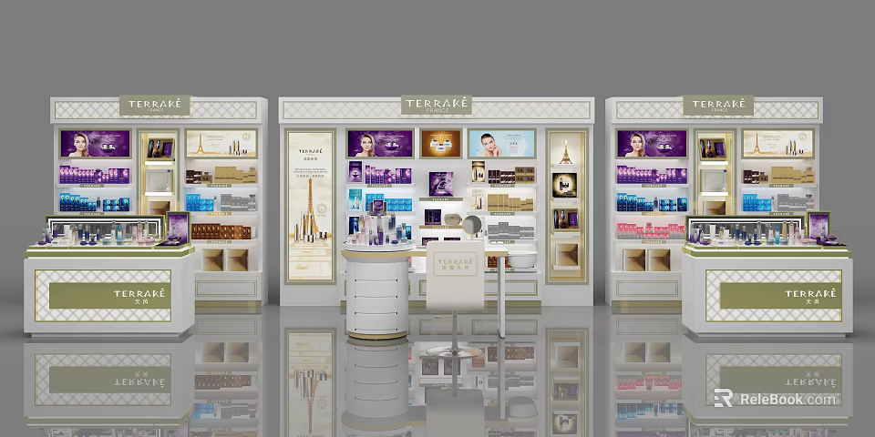 Elegant Tergal Cosmetics Display Shelves With Skincare Products And Retail Showcase Design 3d model 
