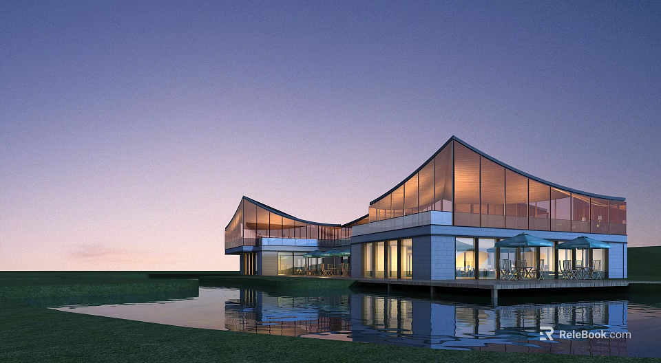 Modern Detached Villa with Large Glass Walls by Water at Sunset and Illuminated Reflections 3d model 