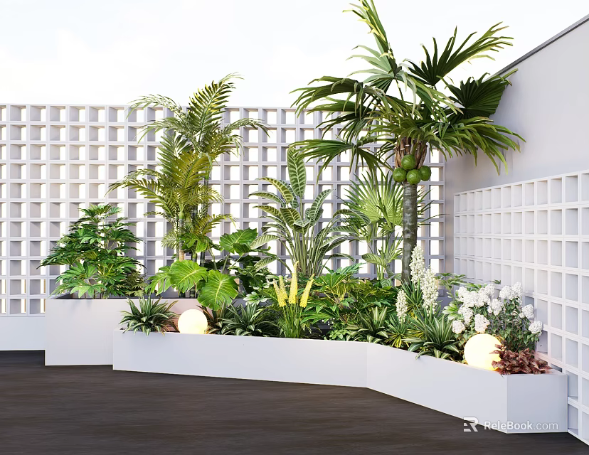 Lush Trees In Outdoor Garden With Green Plants White Lattice Walls And Planters 3d model 