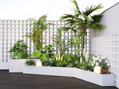 Lush Trees In Outdoor Garden With Green Plants White Lattice Walls And Planters 3d model