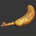 Ripe Yellow Banana with Brown Spots and Stem on Black Background with Reflection