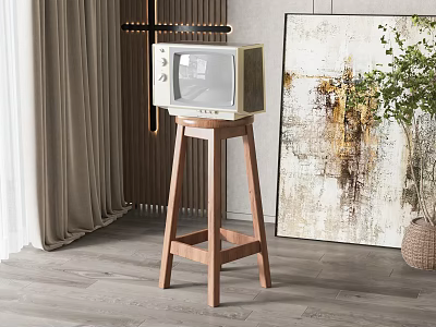 Vintage TV on Wooden Stool in Living Room with Abstract Painting Green Plant and Curtain 3d model